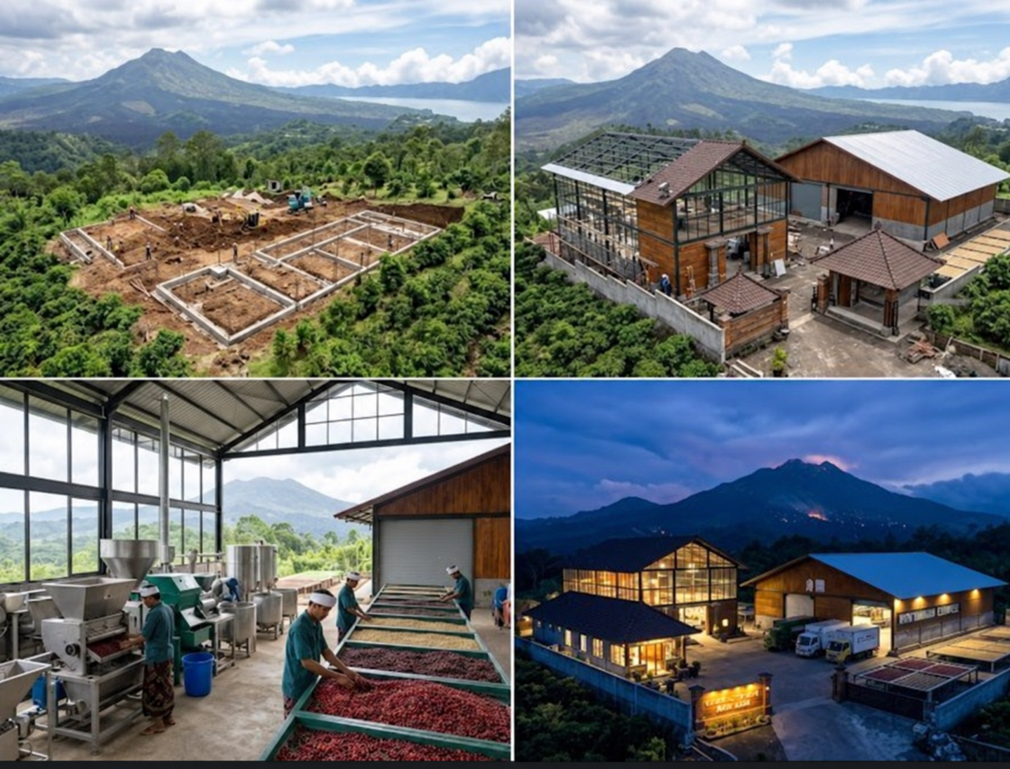 Four-panel collage of a coffee facility and surrounding landscape
